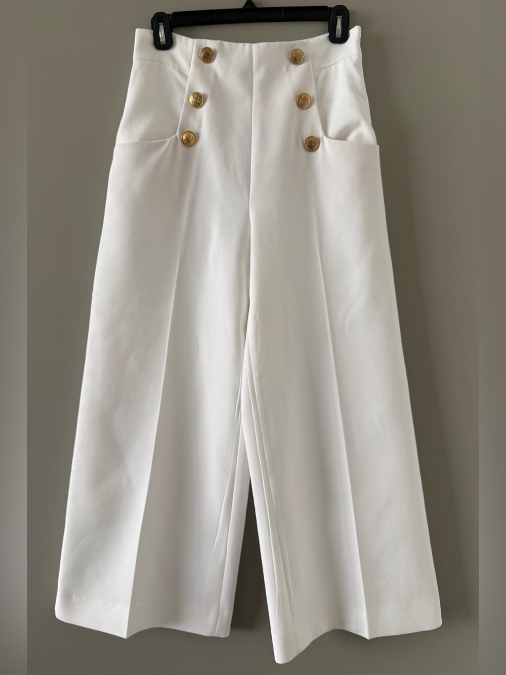 Zara White Wide-Leg Sailor Pants with Gold Buttons.  XS